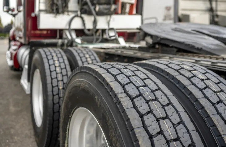 Commercial truck dual tires on a Bledsoe service bay floor — tire installation, alignment, and wheel service for semi trucks and trailers in Oklahoma City.