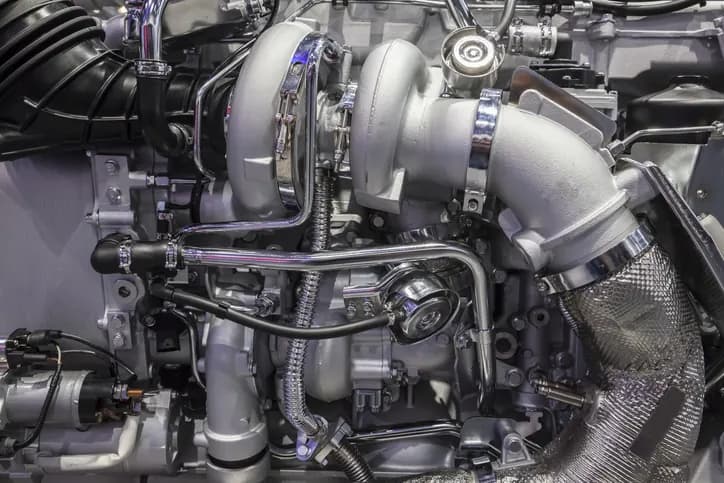 Heavy-duty diesel turbocharger and exhaust manifold detail — Bledsoe Truck & Trailer Repair performs turbo replacement, EGR service, and diesel performance diagnostics in Oklahoma City.