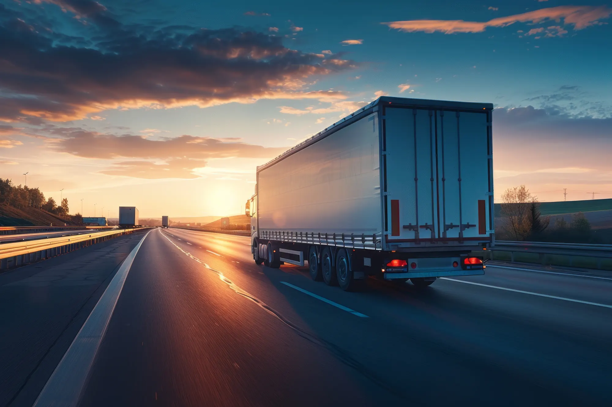Bledsoe Truck & Trailer Repair — keeping the OKC trucking community moving A long-haul truck traveling toward a setting sun on an open highway — symbol of the Oklahoma City trucking community Bledsoe Truck & Trailer Repair serves with full-service repair.